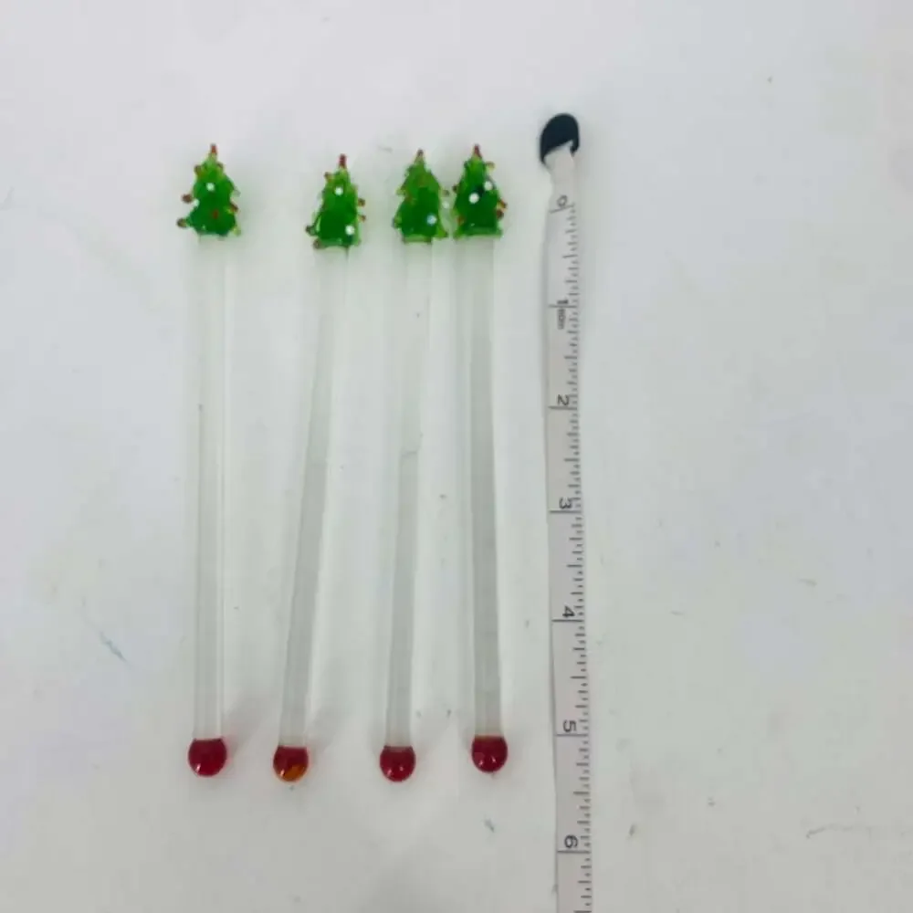 Vintage Pier 1 Imports Glass Christmas Tree Swizzle Sticks Set of 4 Holiday Red